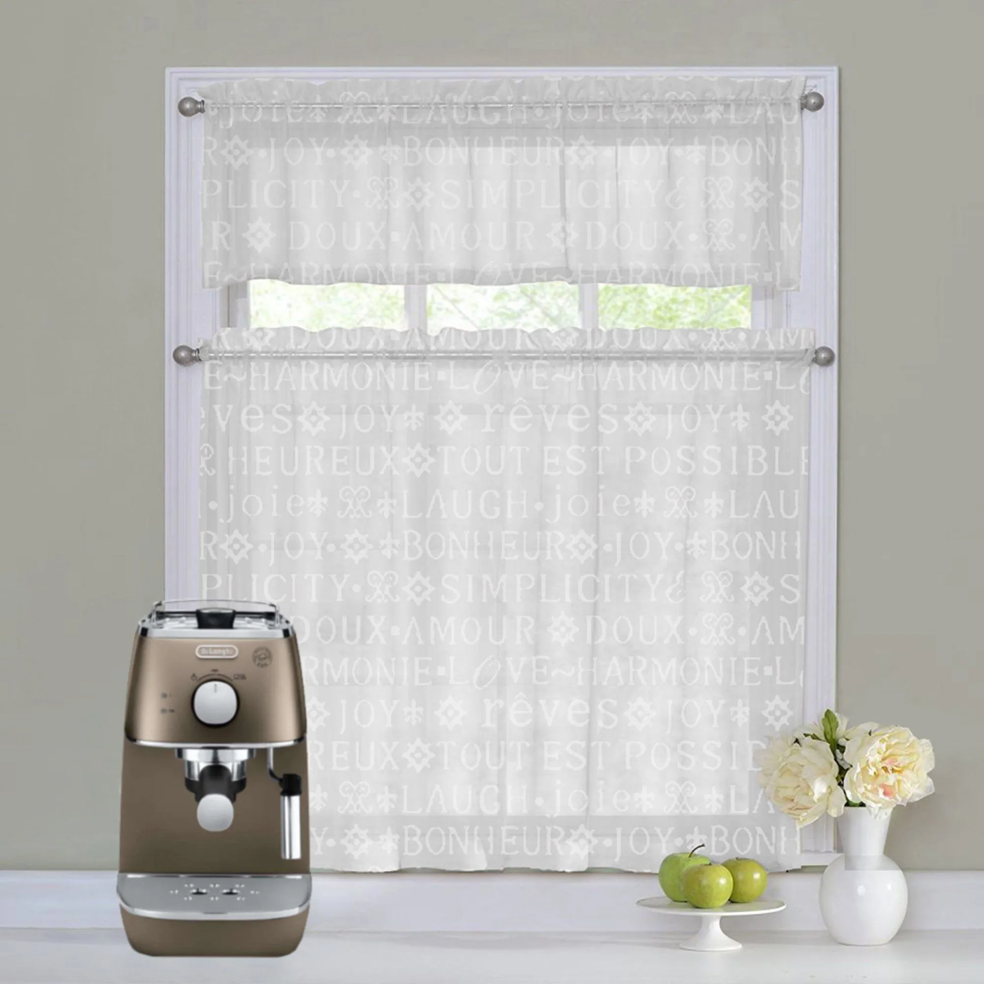 3 Piece Script White Rod Pocket Cafe Curtains