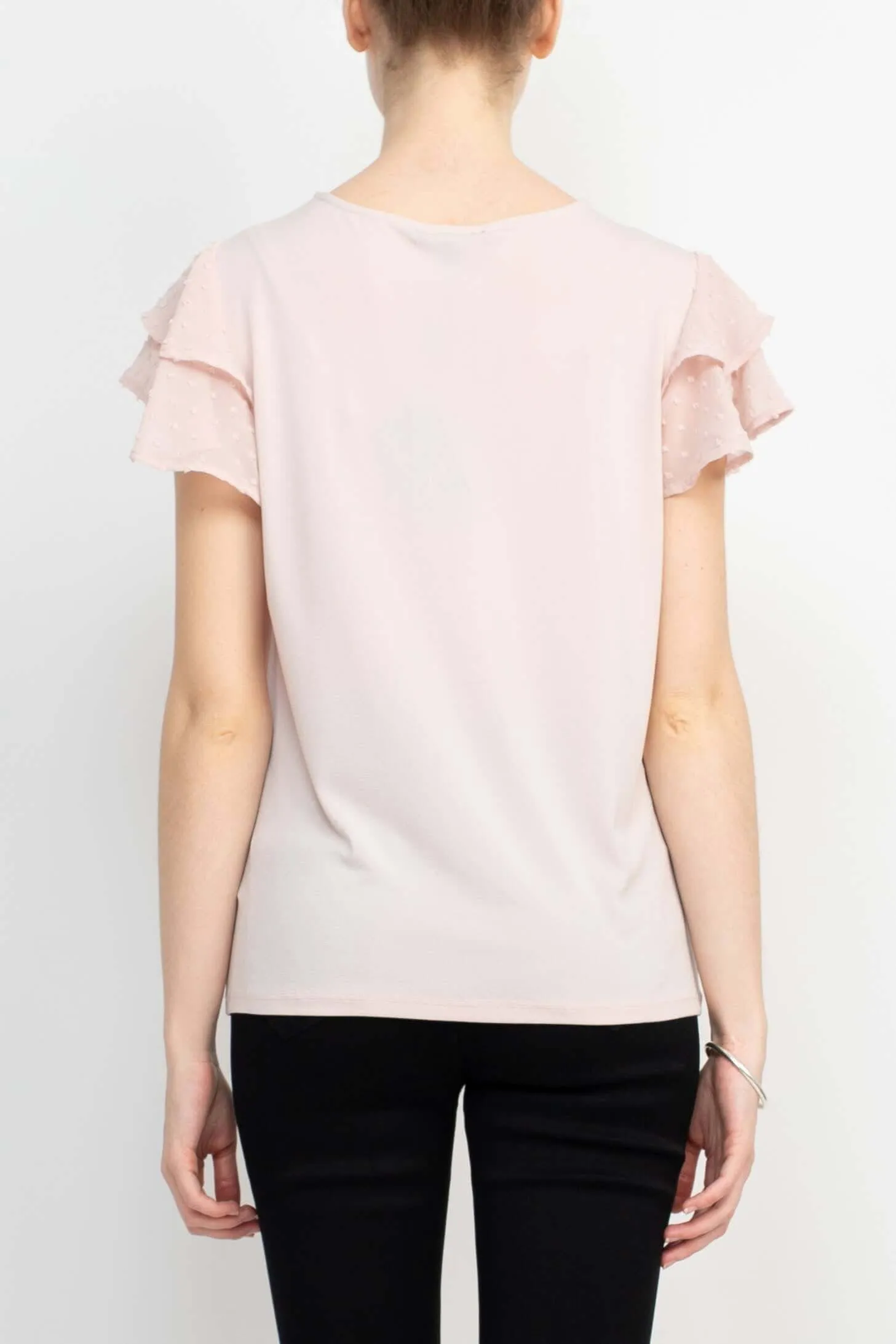 Adrianna Papell Crew Neck Clip Dot Double Flutter Sleeve Solid Knit Moss Crepe Top
