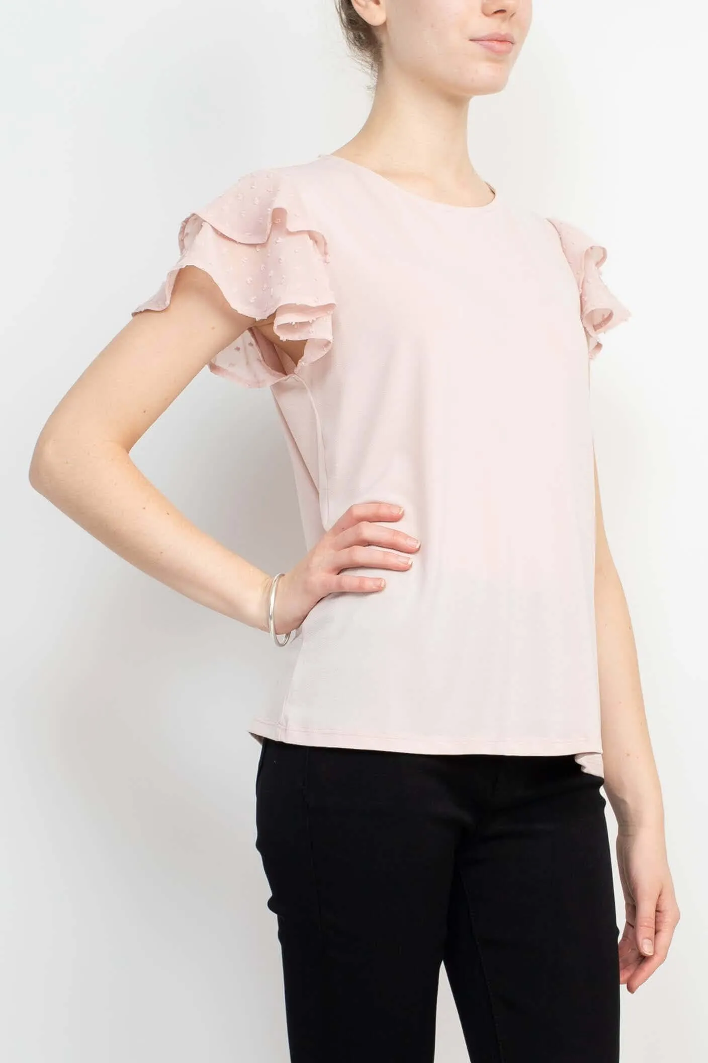 Adrianna Papell Crew Neck Clip Dot Double Flutter Sleeve Solid Knit Moss Crepe Top
