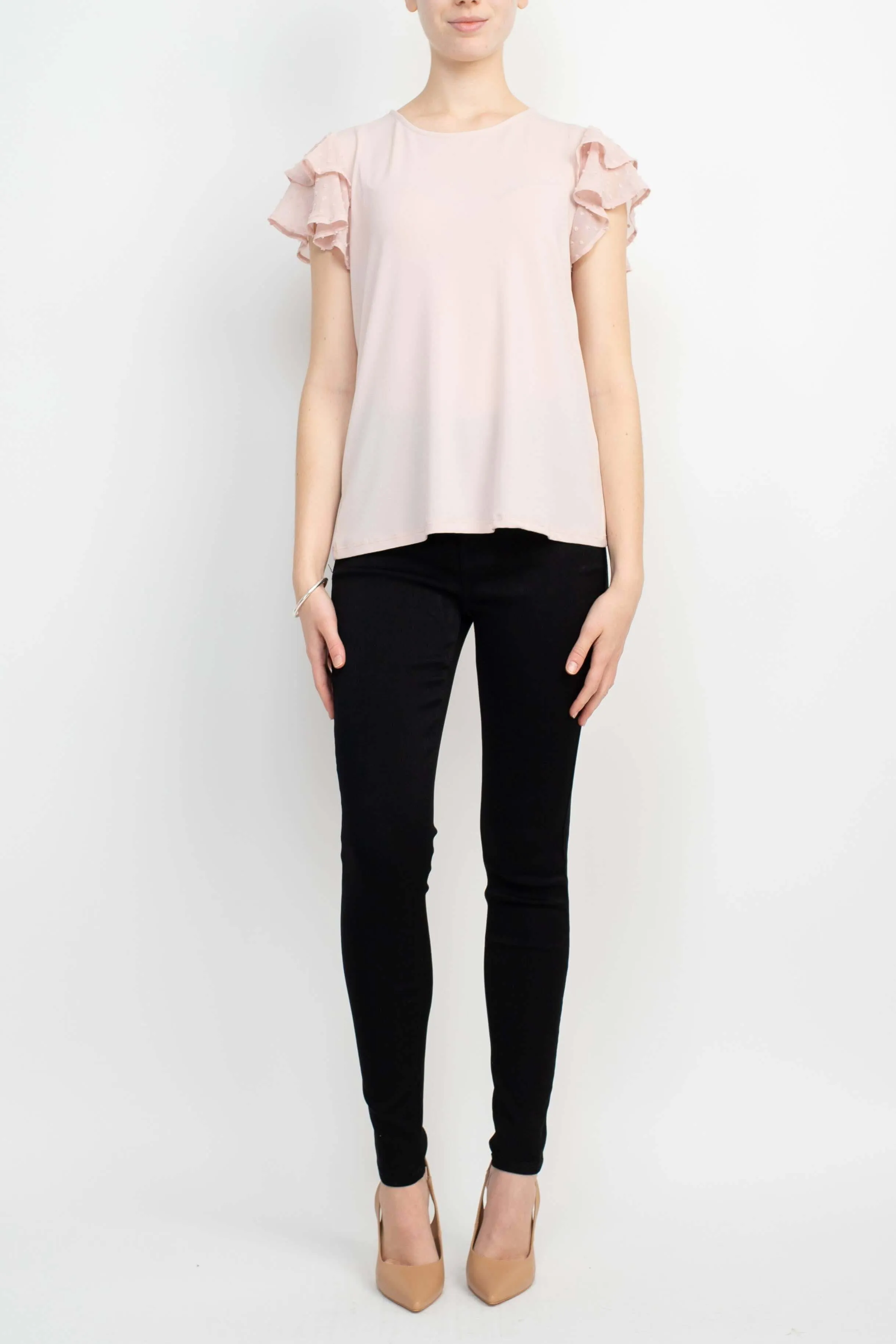 Adrianna Papell Crew Neck Clip Dot Double Flutter Sleeve Solid Knit Moss Crepe Top