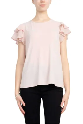 Adrianna Papell Crew Neck Clip Dot Double Flutter Sleeve Solid Knit Moss Crepe Top