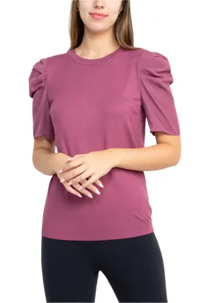 Adrianna Papell Crew Neck Short Sleeve Ruffled Shoulder Solid Knit Top