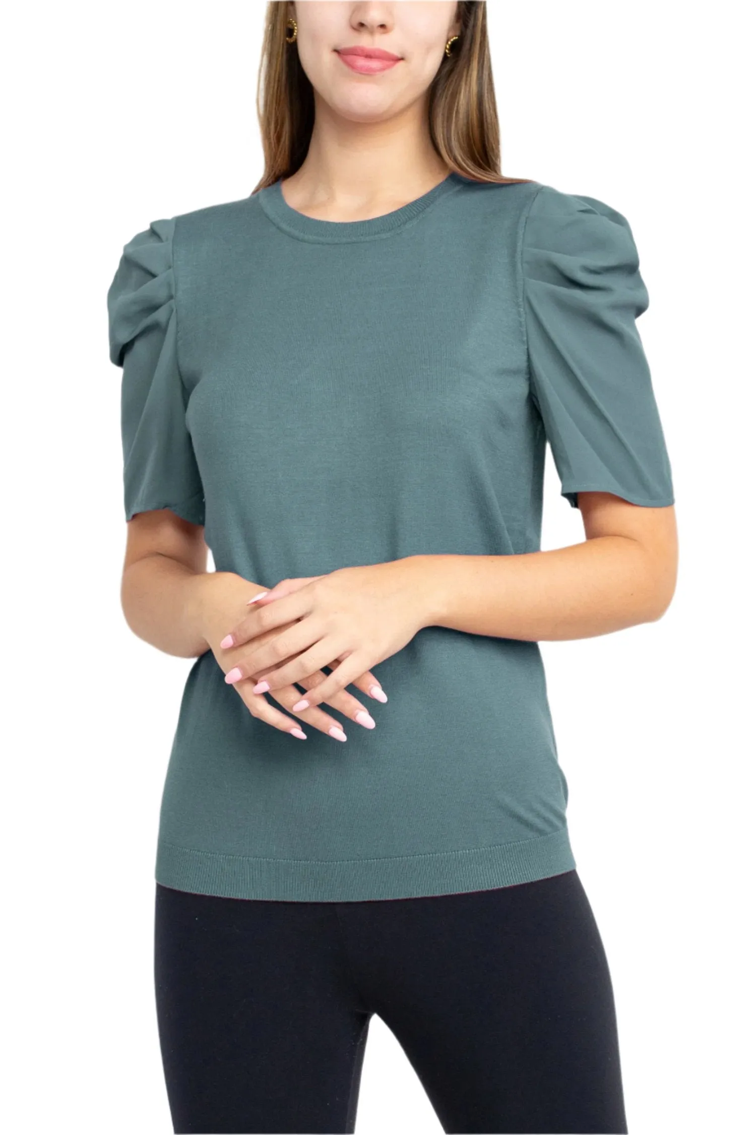 Adrianna Papell Crew Neck Short Sleeve Ruffled Shoulder Solid Knit Top