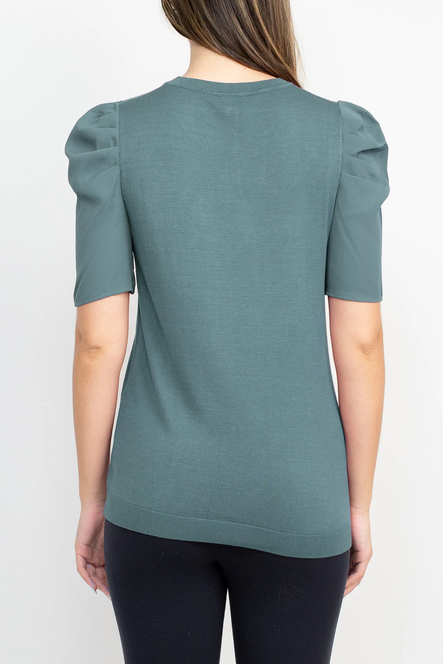 Adrianna Papell Crew Neck Short Sleeve Ruffled Shoulder Solid Knit Top