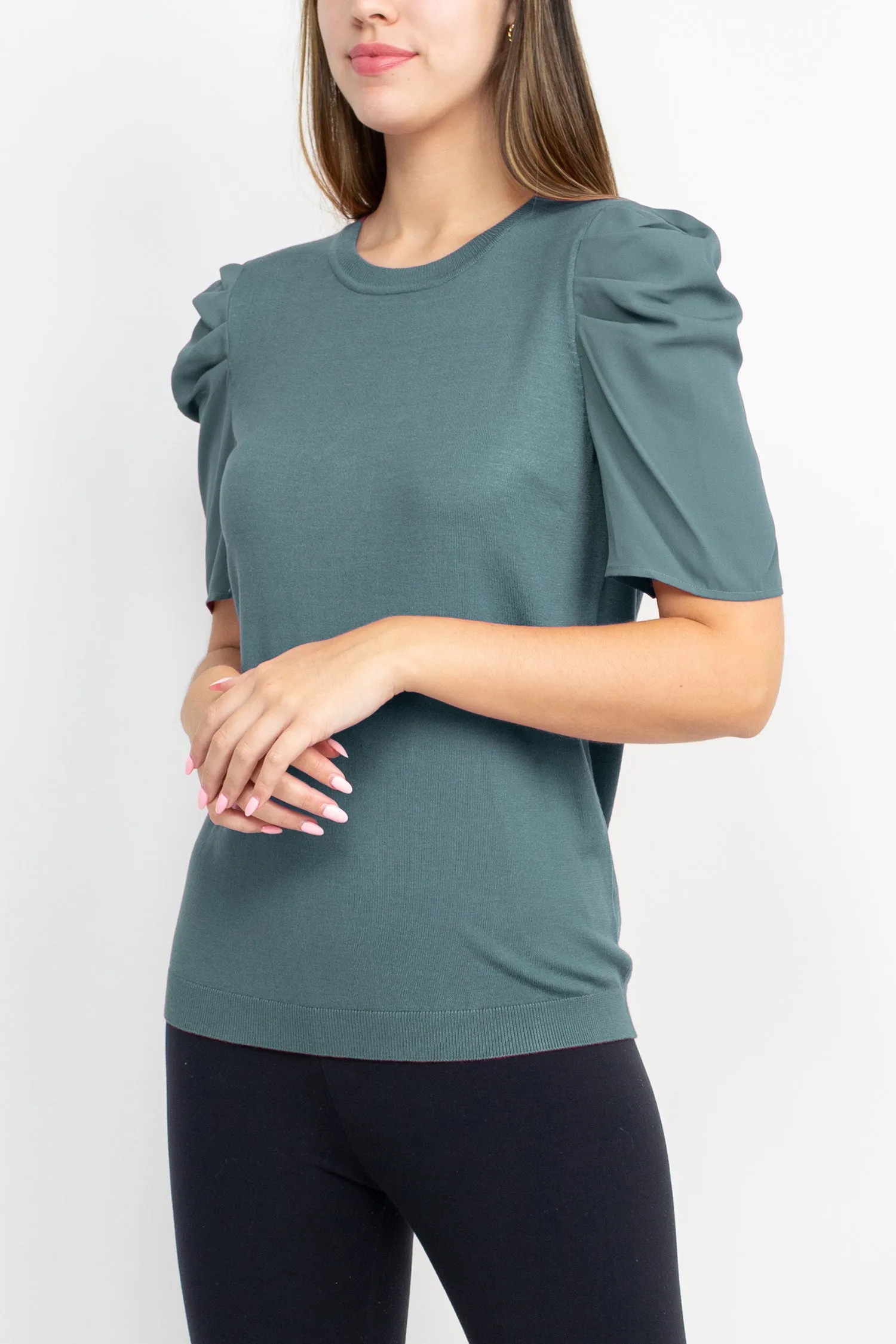 Adrianna Papell Crew Neck Short Sleeve Ruffled Shoulder Solid Knit Top