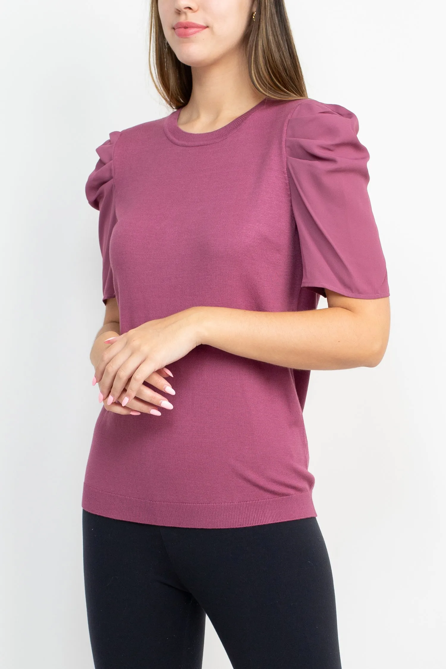 Adrianna Papell Crew Neck Short Sleeve Ruffled Shoulder Solid Knit Top