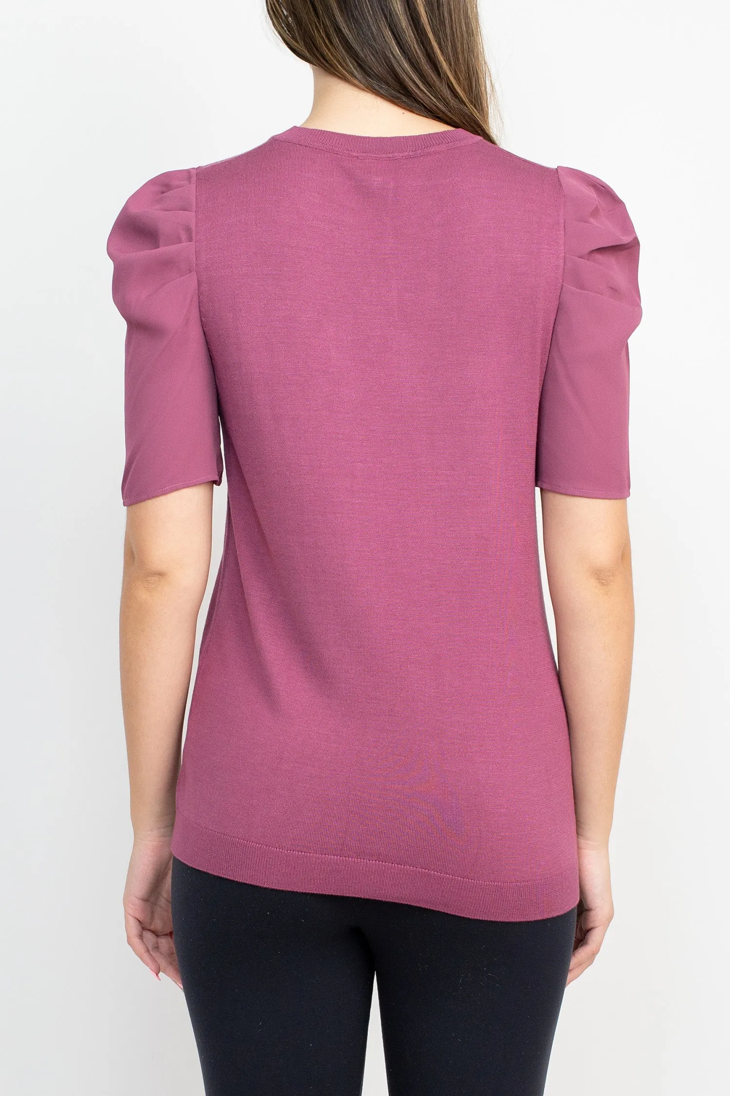 Adrianna Papell Crew Neck Short Sleeve Ruffled Shoulder Solid Knit Top