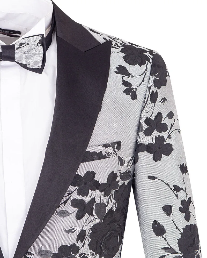 Black Flower Design Blazer with Contrasting Lapel