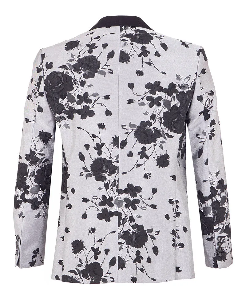 Black Flower Design Blazer with Contrasting Lapel