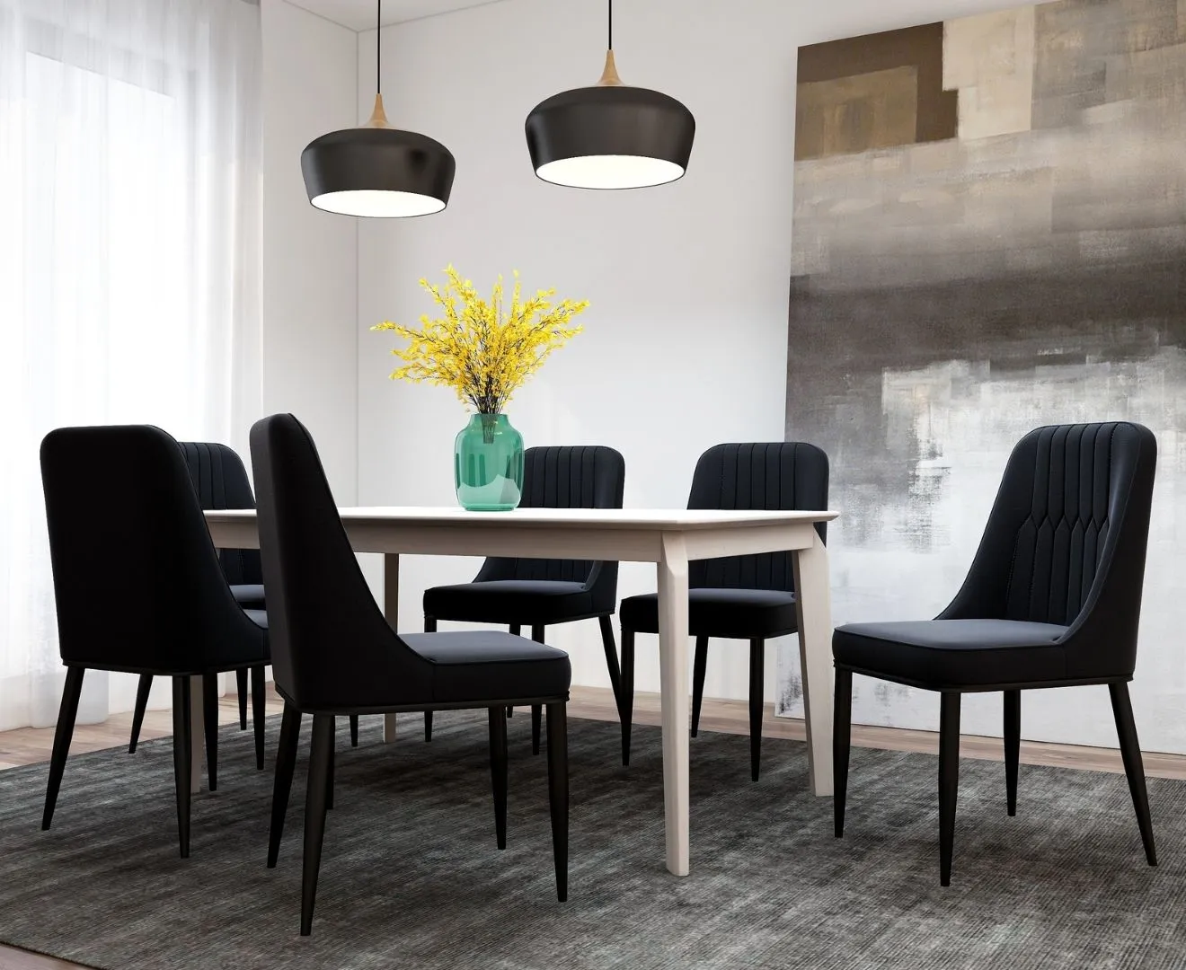 Black Stanton Noah White Wash 7 Piece Dining Set Table and Chairs