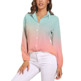 Blue Pink Ombre Shirt Women, Ombre Top Women, Semi Sheer Blouse Women, Blue Ombre Blouse Women, Spring Top Women