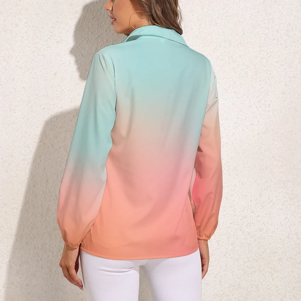 Blue Pink Ombre Shirt Women, Ombre Top Women, Semi Sheer Blouse Women, Blue Ombre Blouse Women, Spring Top Women