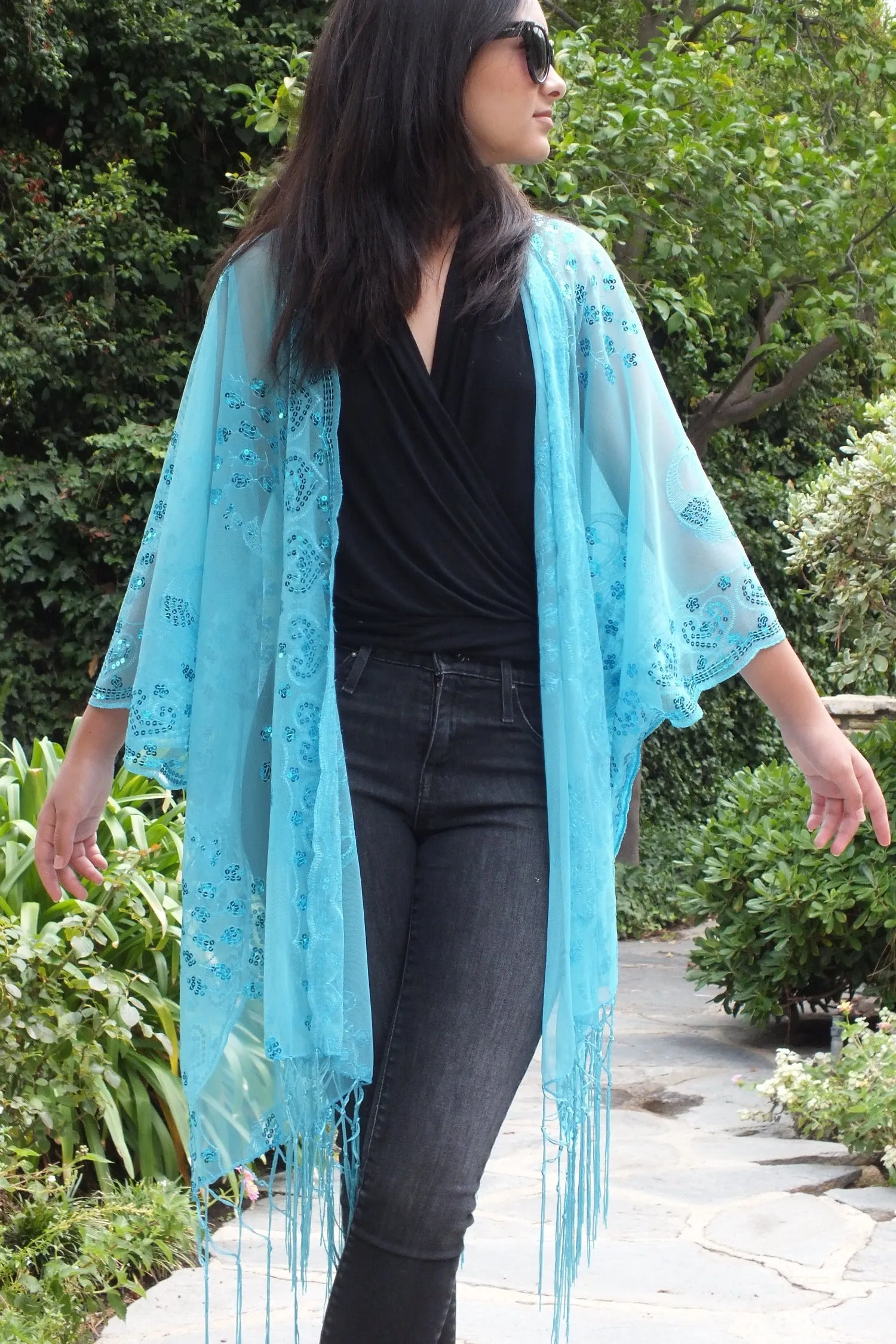 Blue Sequin Peacock Caftan Kimono Top