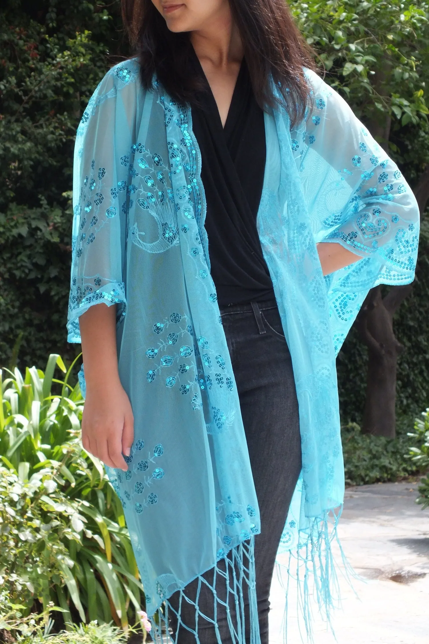 Blue Sequin Peacock Caftan Kimono Top