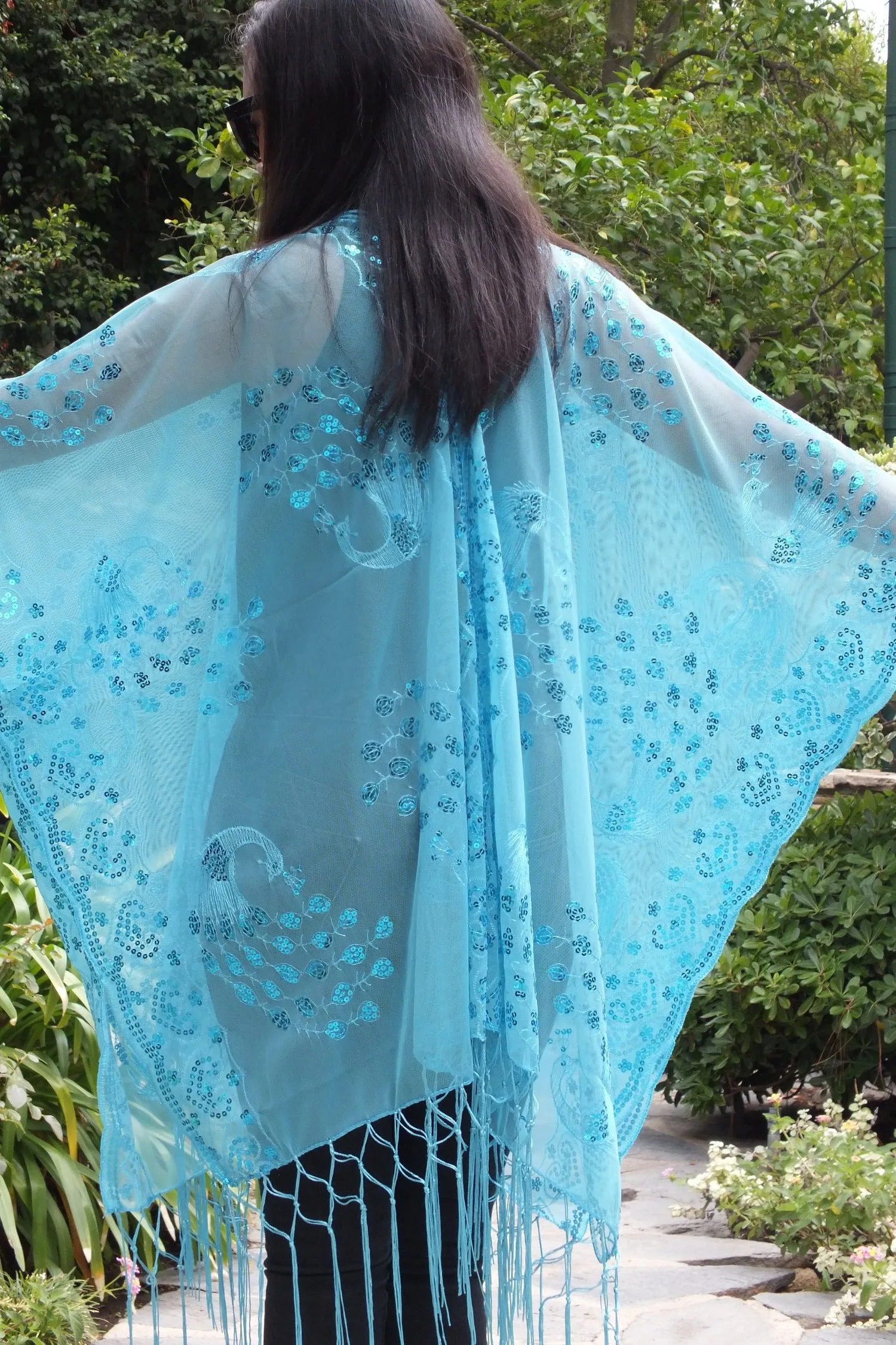 Blue Sequin Peacock Caftan Kimono Top