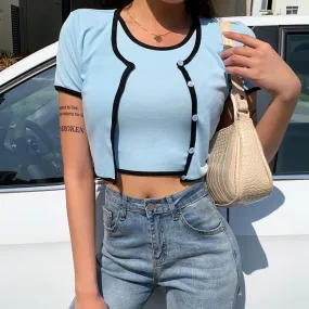 Blue Short Sleeve Blouse Cardigan Sets