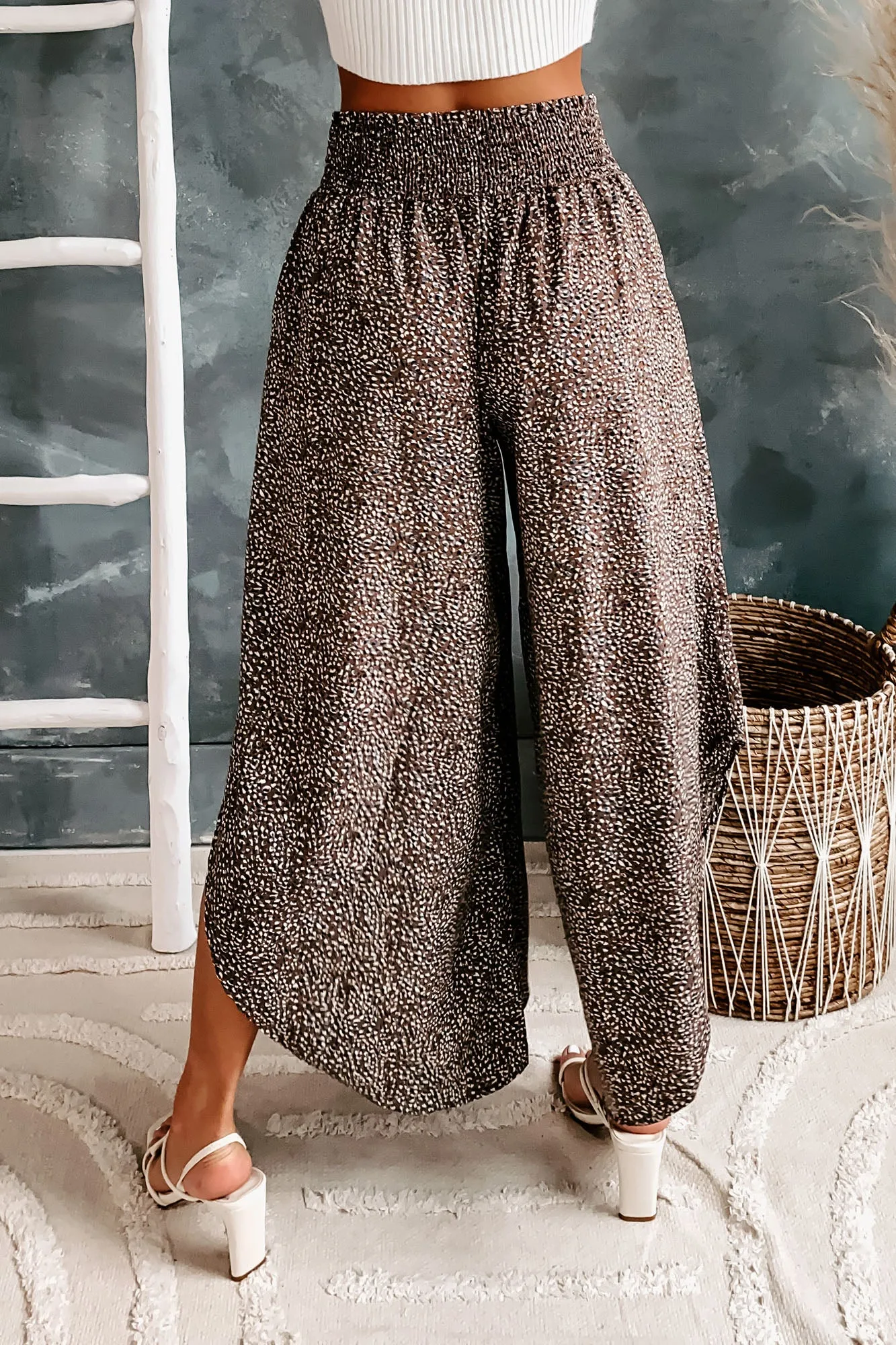 Boho Mindset Smocked Waist Spotted Print Pants (Brown/Navy)