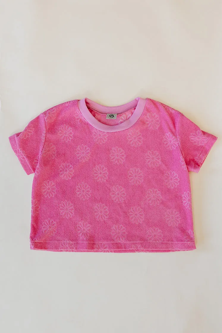Boxy Cropped Tee - Pink Daisy Terrycloth