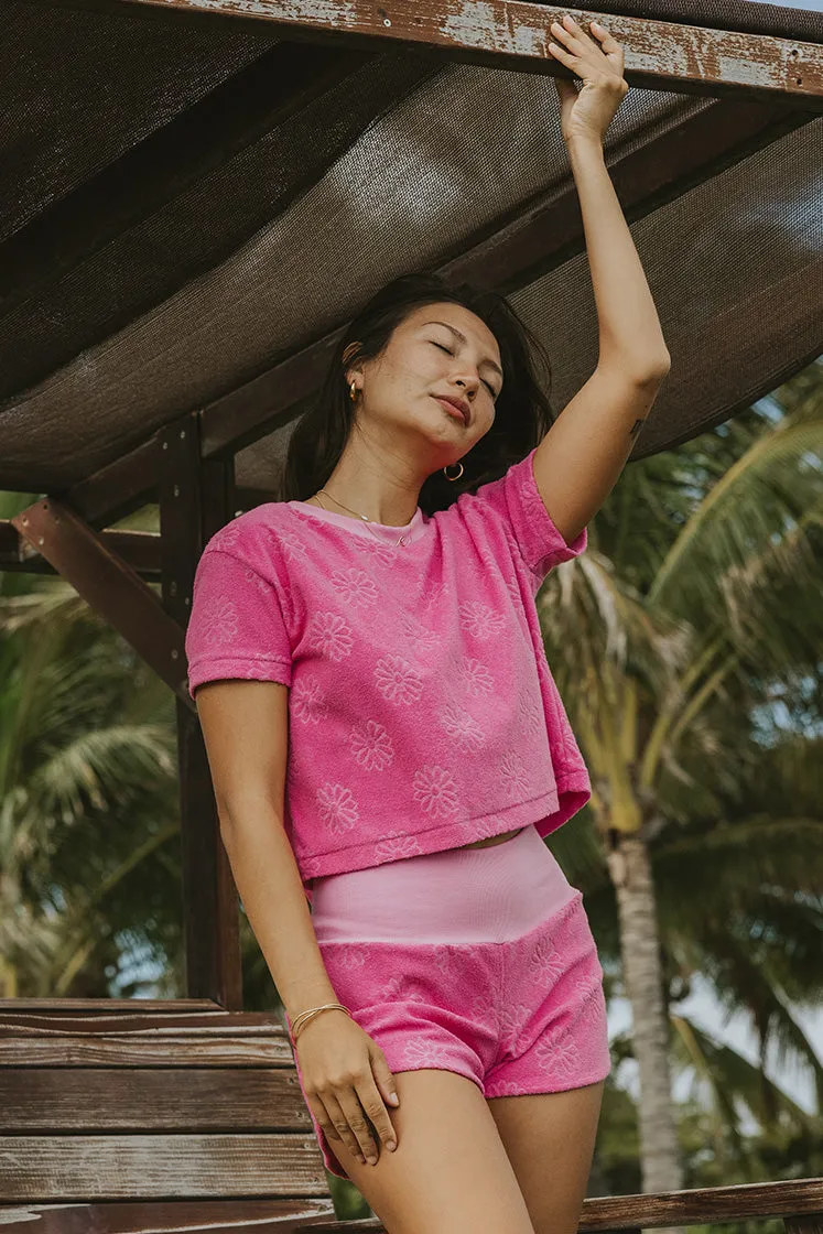 Boxy Cropped Tee - Pink Daisy Terrycloth