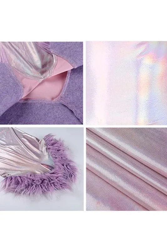 BY331 Fur Trim Shiny Midi Long Dress