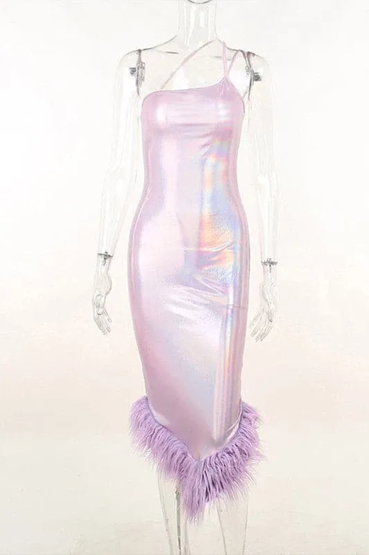 BY331 Fur Trim Shiny Midi Long Dress