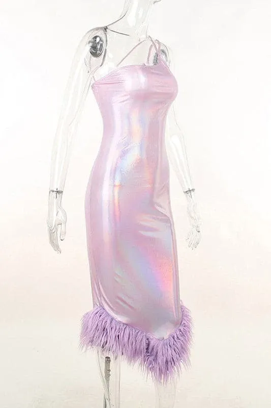 BY331 Fur Trim Shiny Midi Long Dress