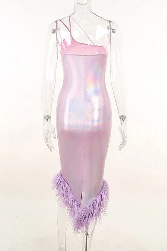 BY331 Fur Trim Shiny Midi Long Dress