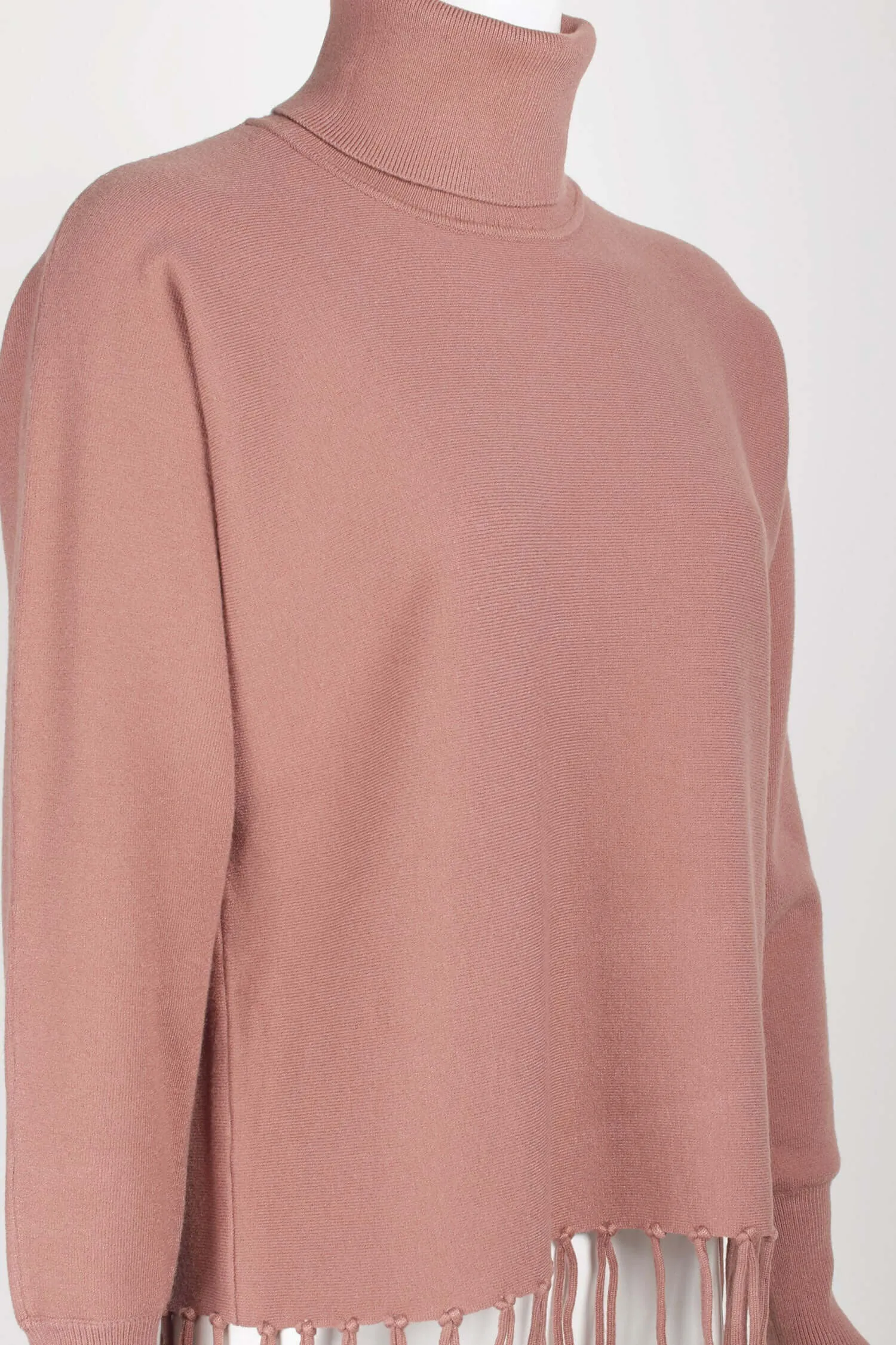 Carmen Marc Valvo High Neck Dolman Sleeve Elastic Cuff’s Fringe Detail Knit Top