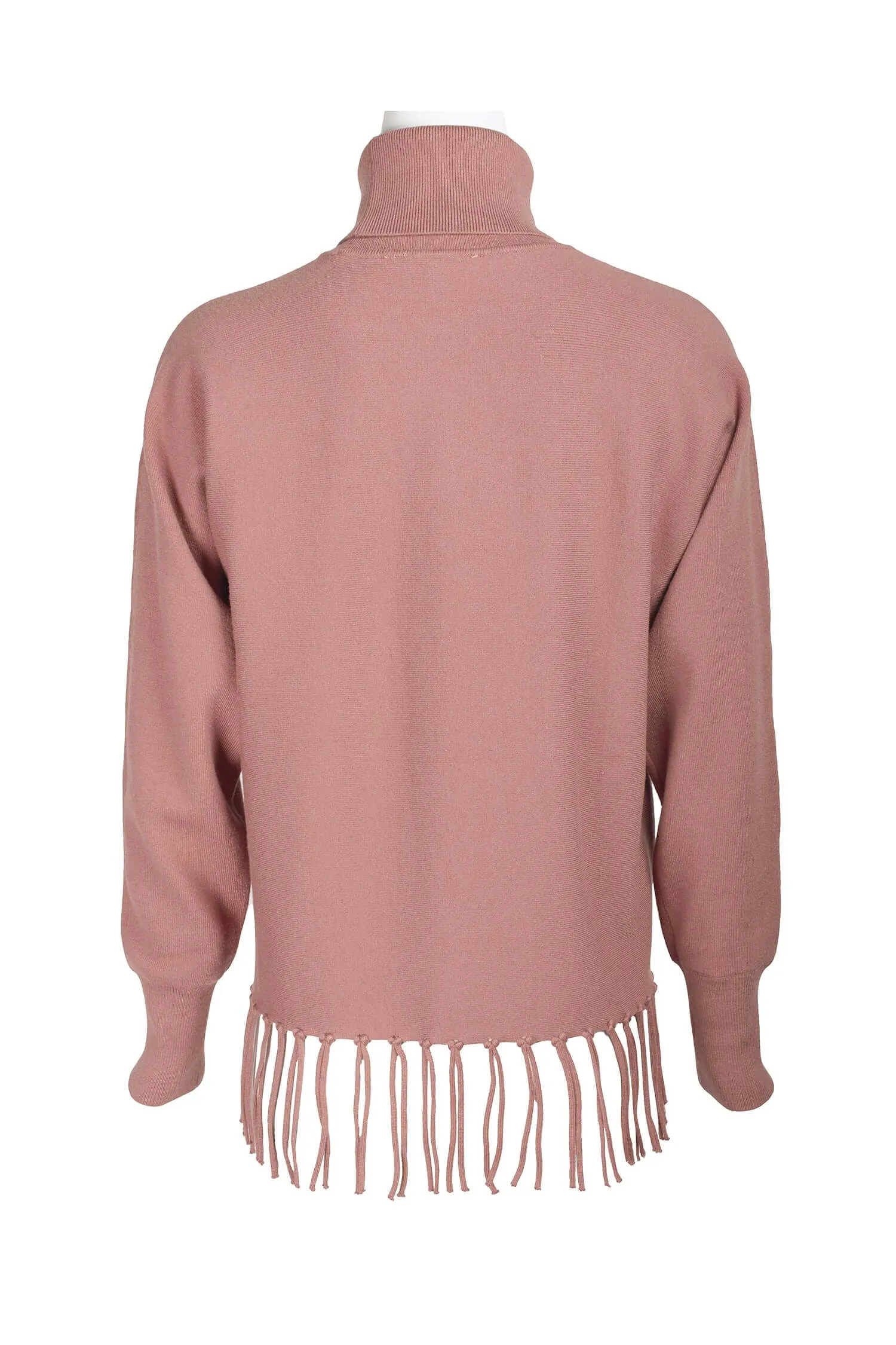 Carmen Marc Valvo High Neck Dolman Sleeve Elastic Cuff’s Fringe Detail Knit Top