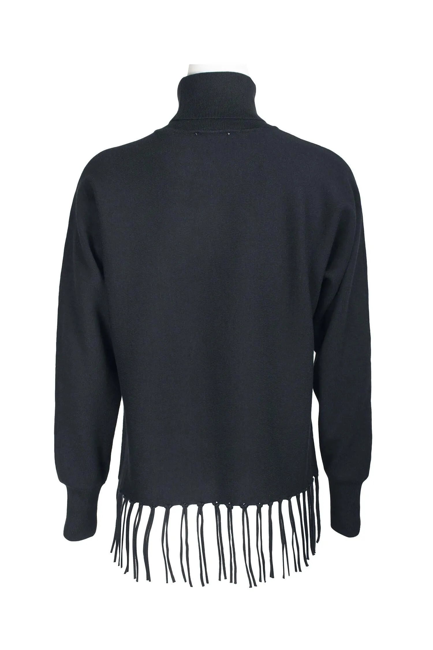 Carmen Marc Valvo High Neck Dolman Sleeve Elastic Cuff’s Fringe Detail Knit Top