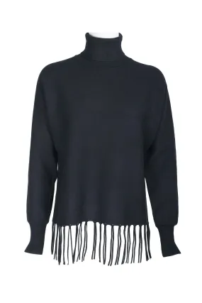 Carmen Marc Valvo High Neck Dolman Sleeve Elastic Cuff’s Fringe Detail Knit Top