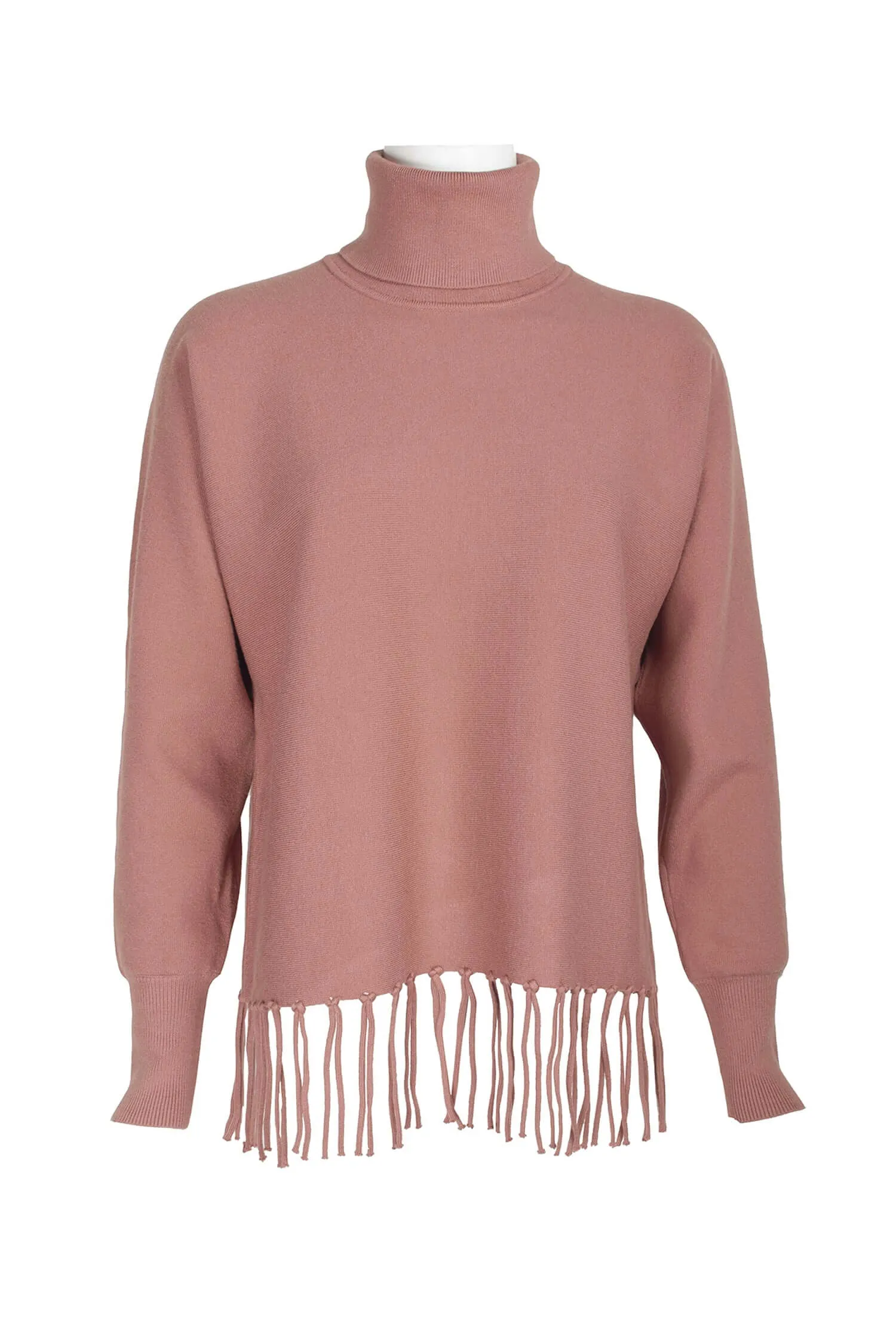 Carmen Marc Valvo High Neck Dolman Sleeve Elastic Cuff’s Fringe Detail Knit Top