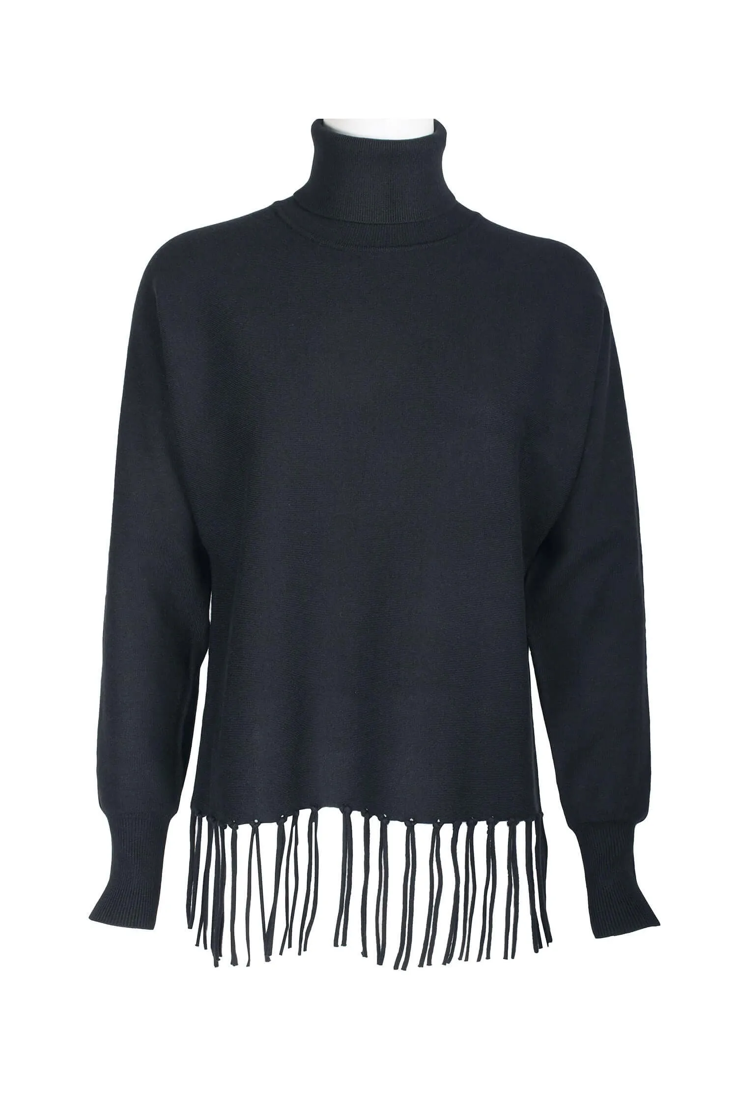 Carmen Marc Valvo High Neck Dolman Sleeve Elastic Cuff’s Fringe Detail Knit Top