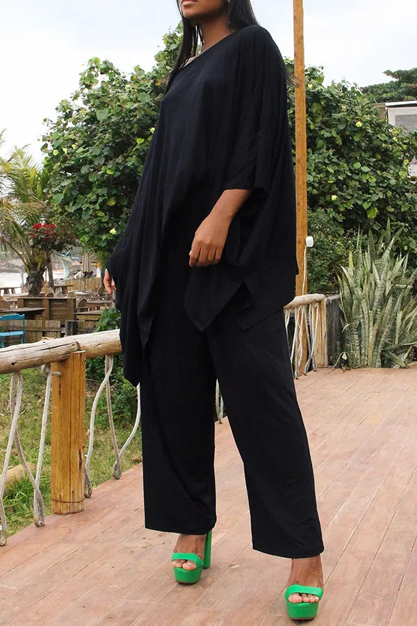 Casual Batwing Sleeve Knit Top & Pants Set