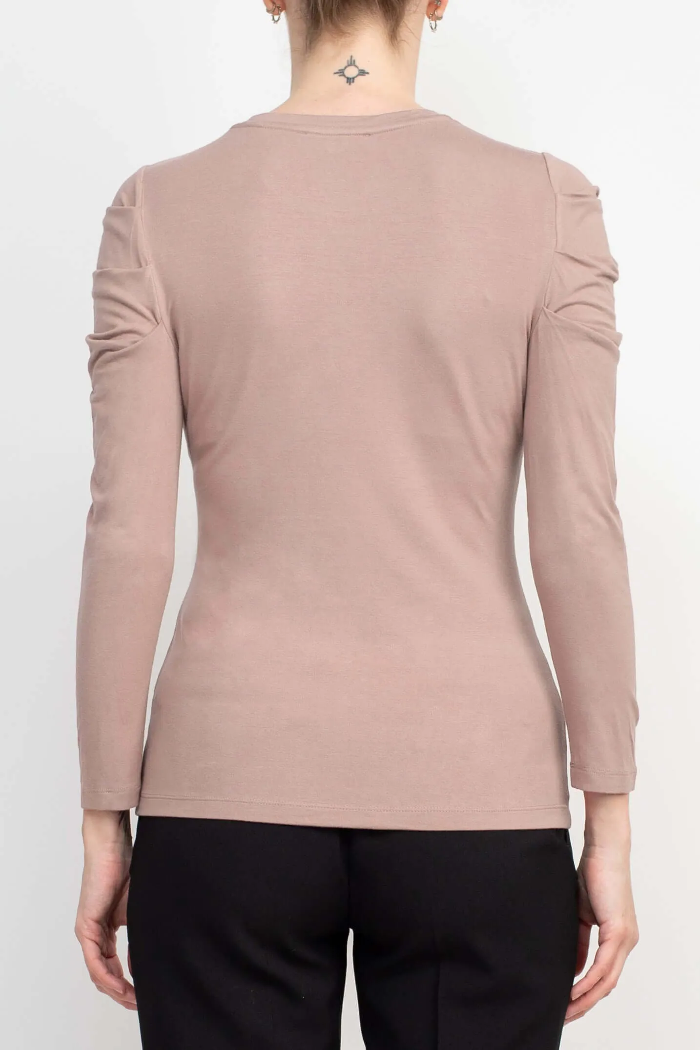 Catherine Malandrino Crew Neck Long Sleeve Ruched Shoulder Solid Knit Top