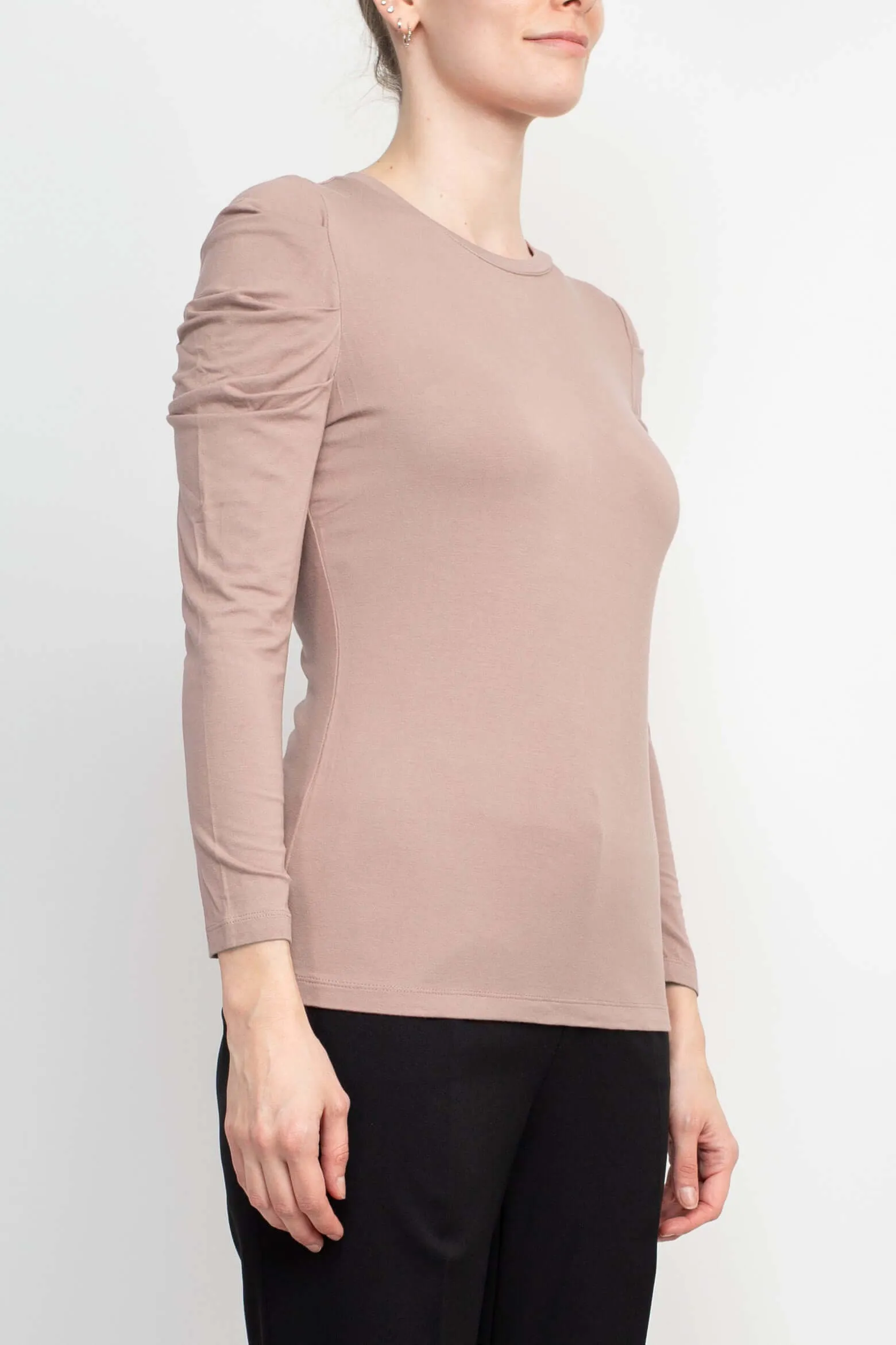 Catherine Malandrino Crew Neck Long Sleeve Ruched Shoulder Solid Knit Top
