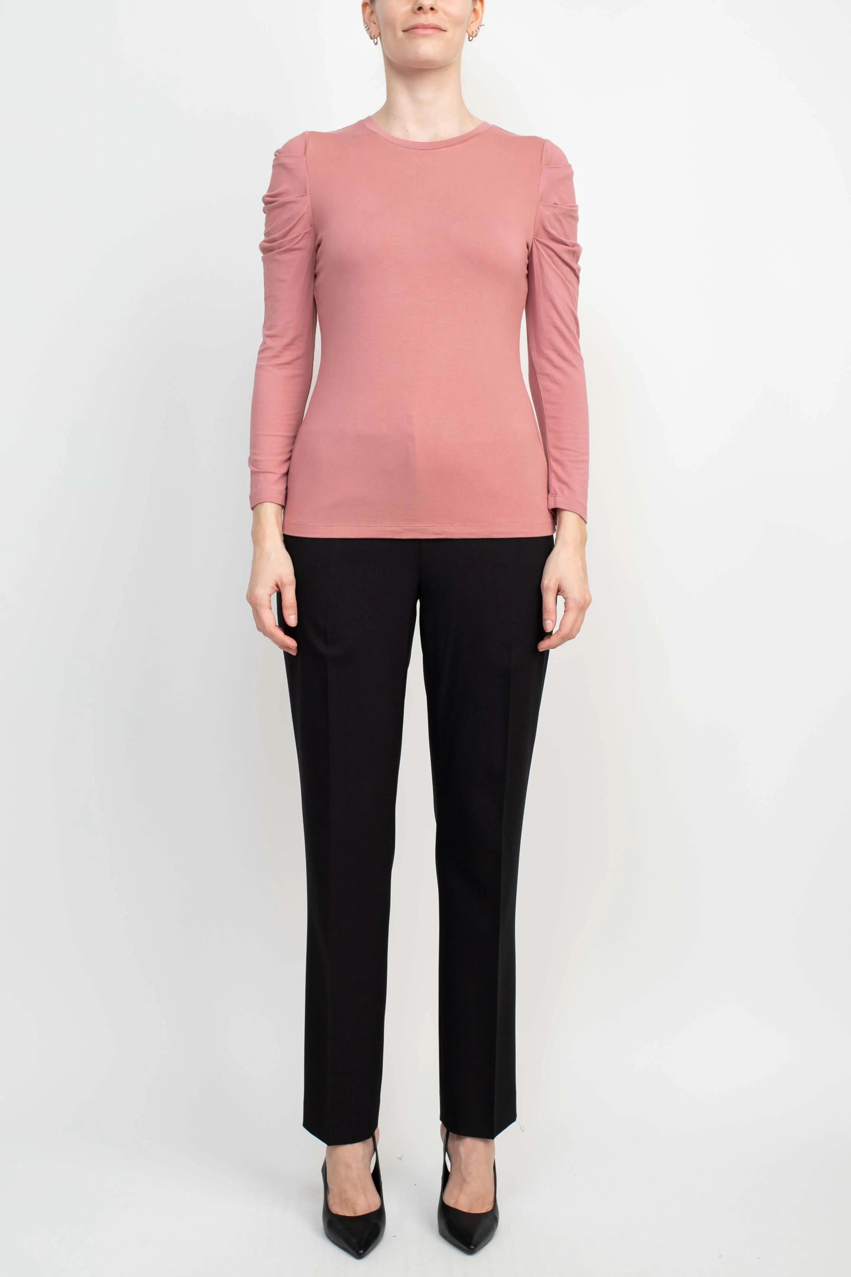 Catherine Malandrino Crew Neck Long Sleeve Ruched Shoulder Solid Knit Top