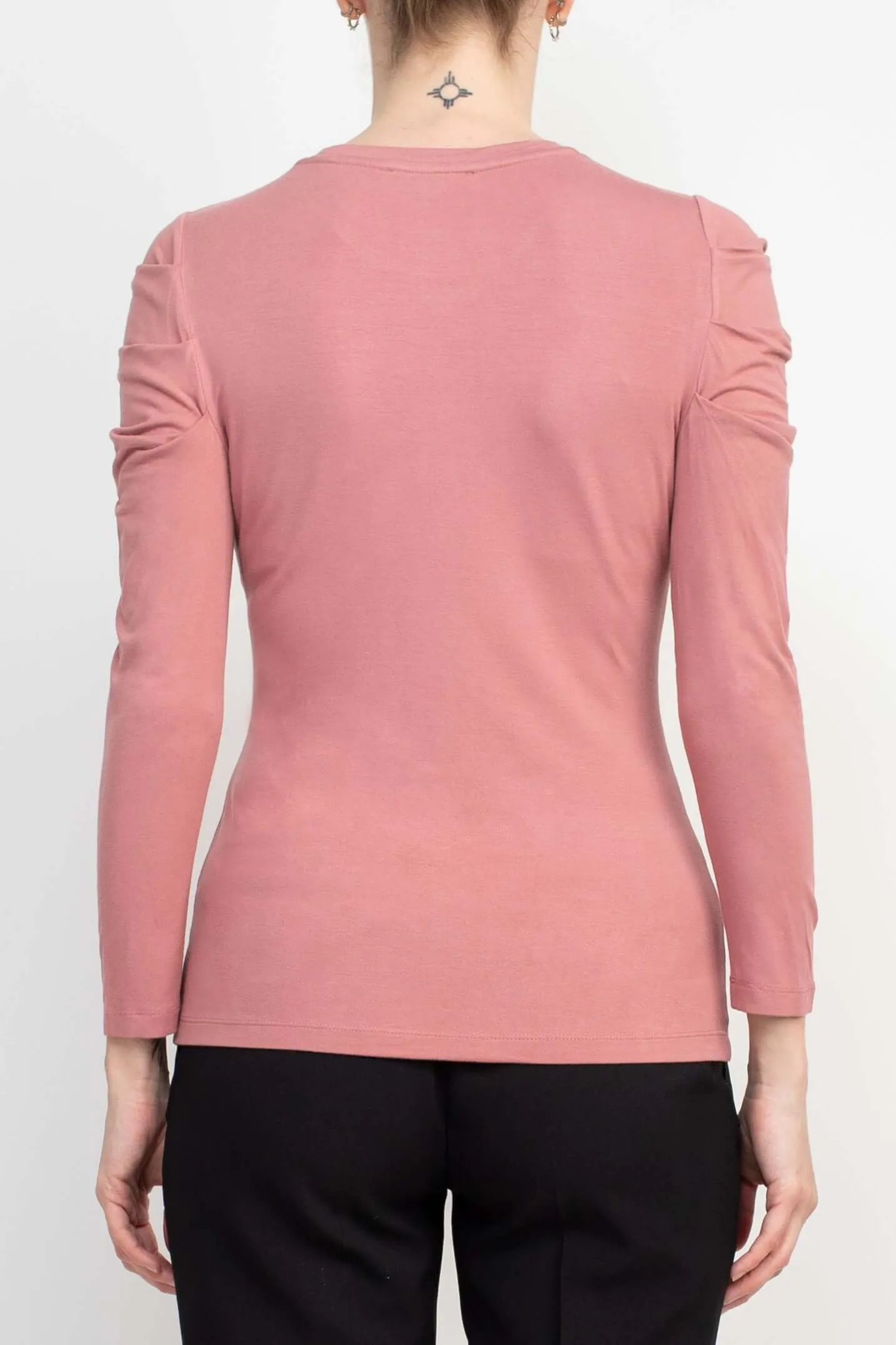 Catherine Malandrino Crew Neck Long Sleeve Ruched Shoulder Solid Knit Top