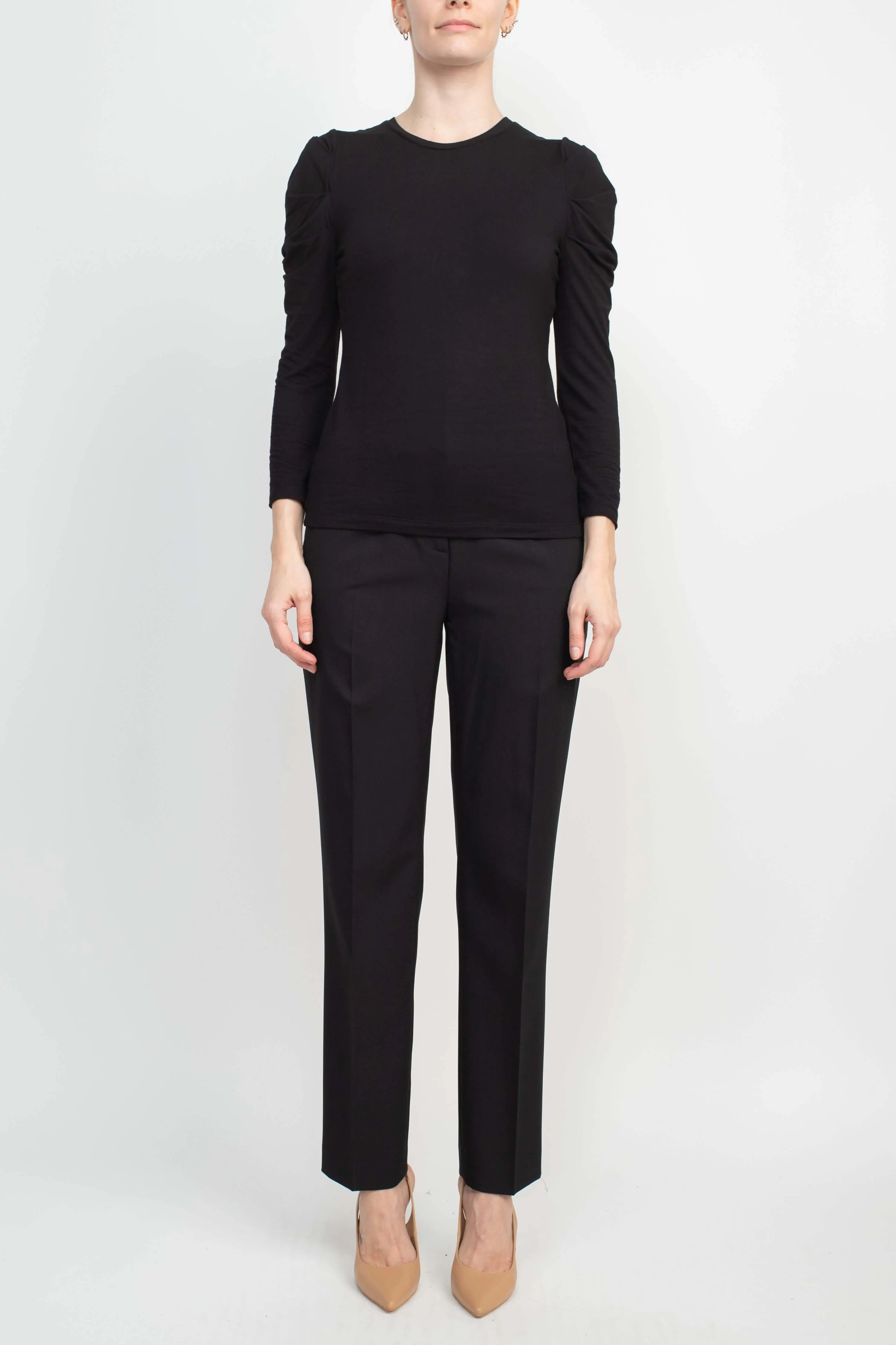 Catherine Malandrino Crew Neck Long Sleeve Ruched Shoulder Solid Knit Top