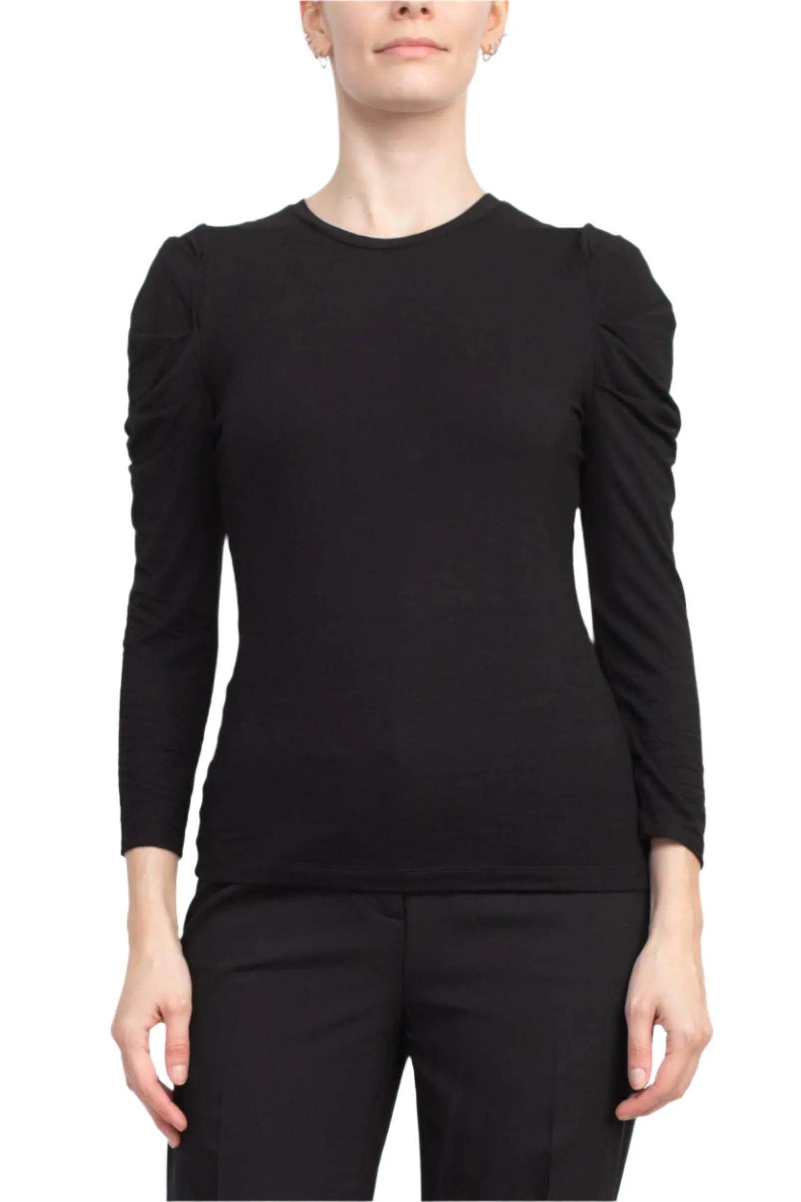 Catherine Malandrino Crew Neck Long Sleeve Ruched Shoulder Solid Knit Top