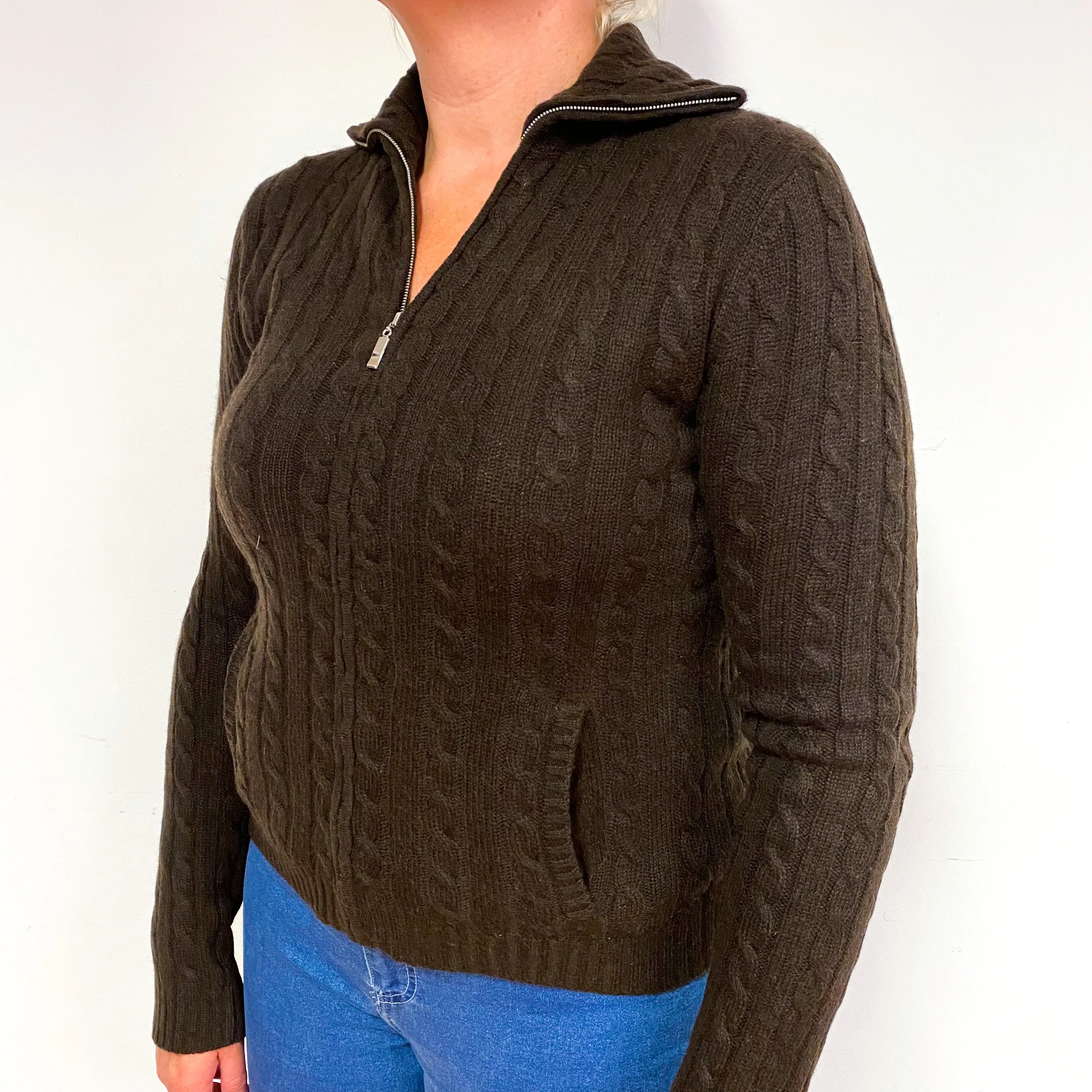 Chocolate Brown Cable Cashmere Zip Up Cardigan Large