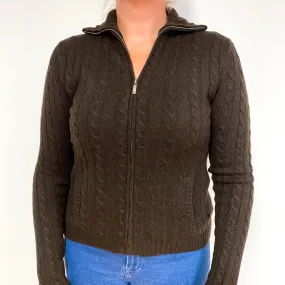 Chocolate Brown Cable Cashmere Zip Up Cardigan Large