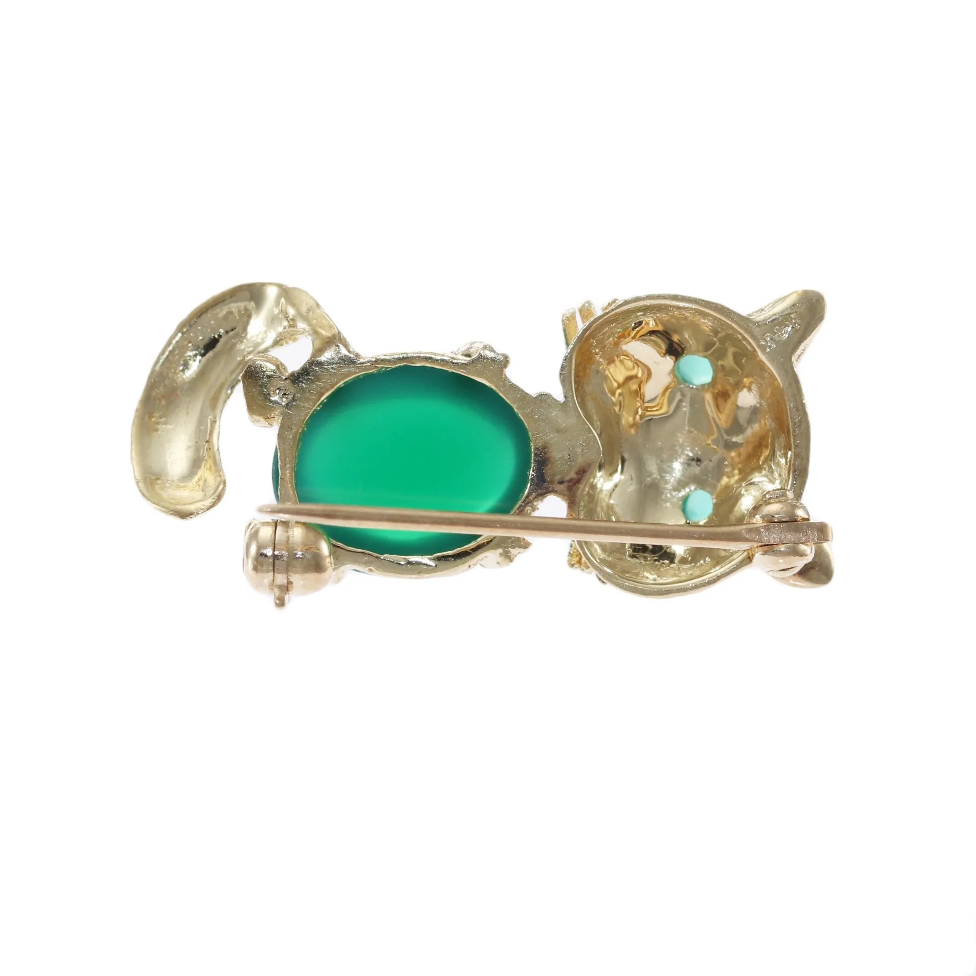 Chrysoprase Emerald Whimsical Cat Brooch Pin Solid 14k Yellow Gold 3.00g