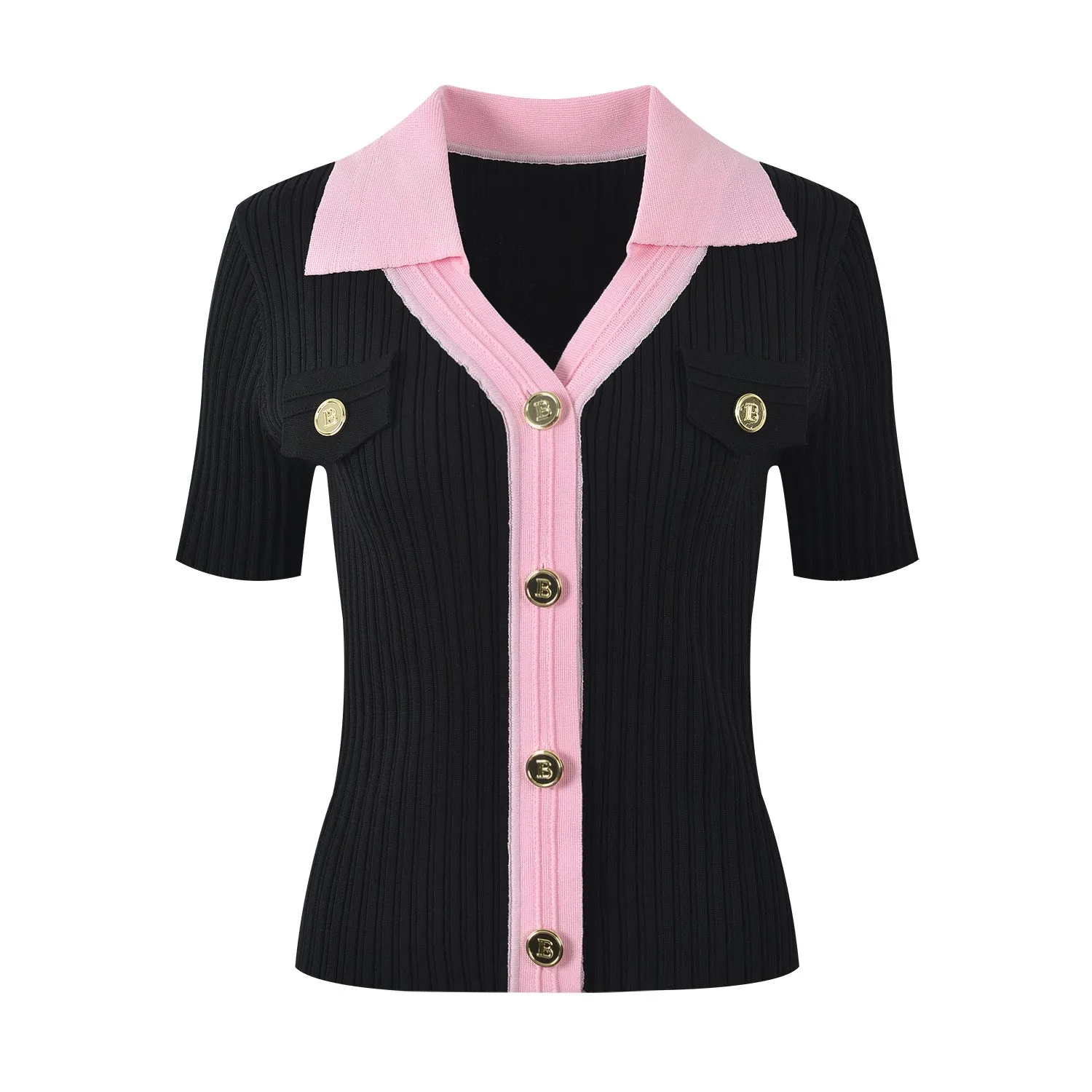 Contrasting Color Button Down Short Sleeve Knit Top