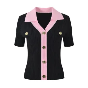 Contrasting Color Button Down Short Sleeve Knit Top