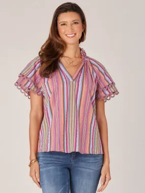 Double Flounce Sleeve Ruffle Edge Neck Stripe Printed Petite Woven Top