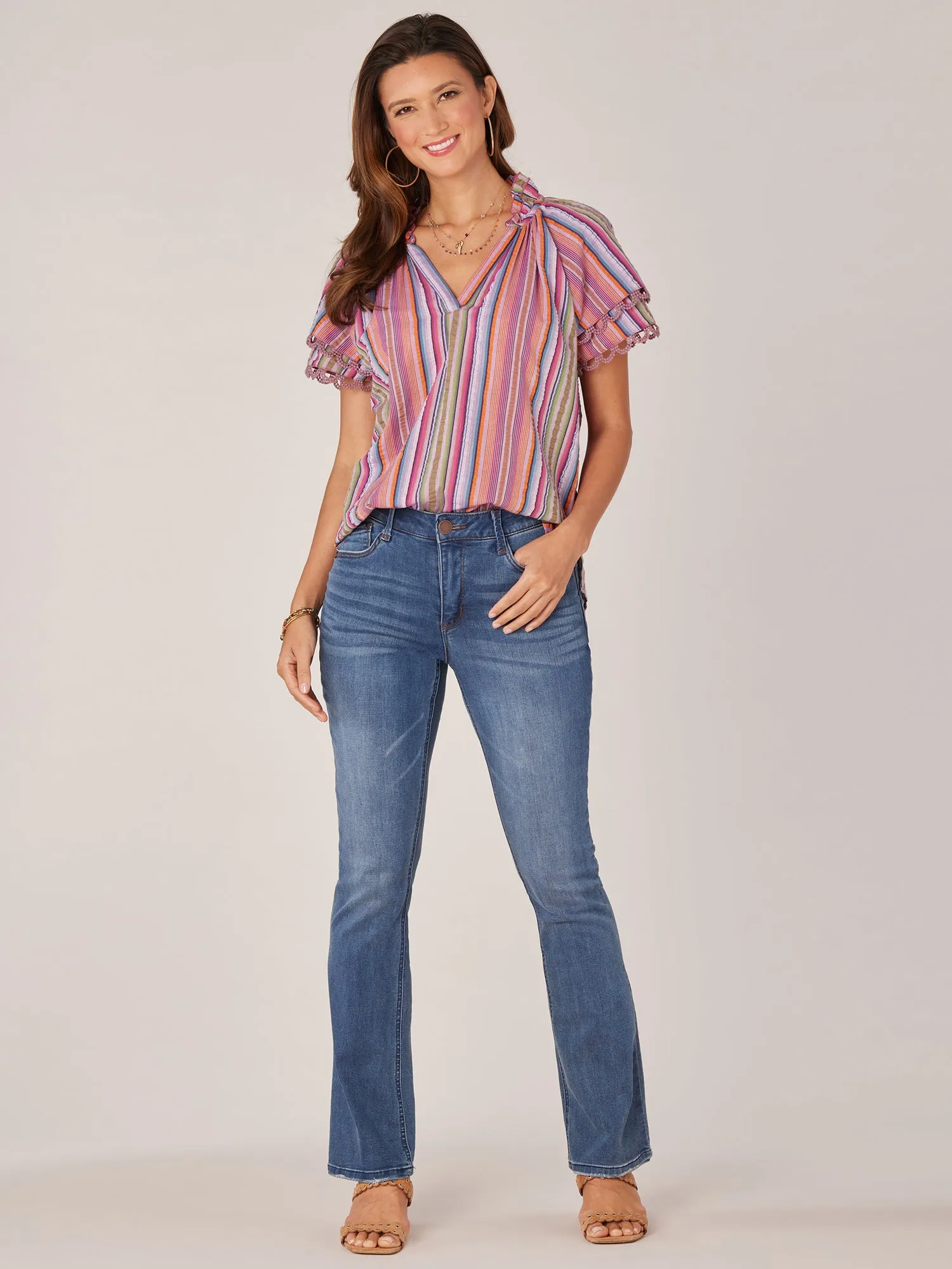 Double Flounce Sleeve Ruffle Edge Neck Stripe Printed Petite Woven Top