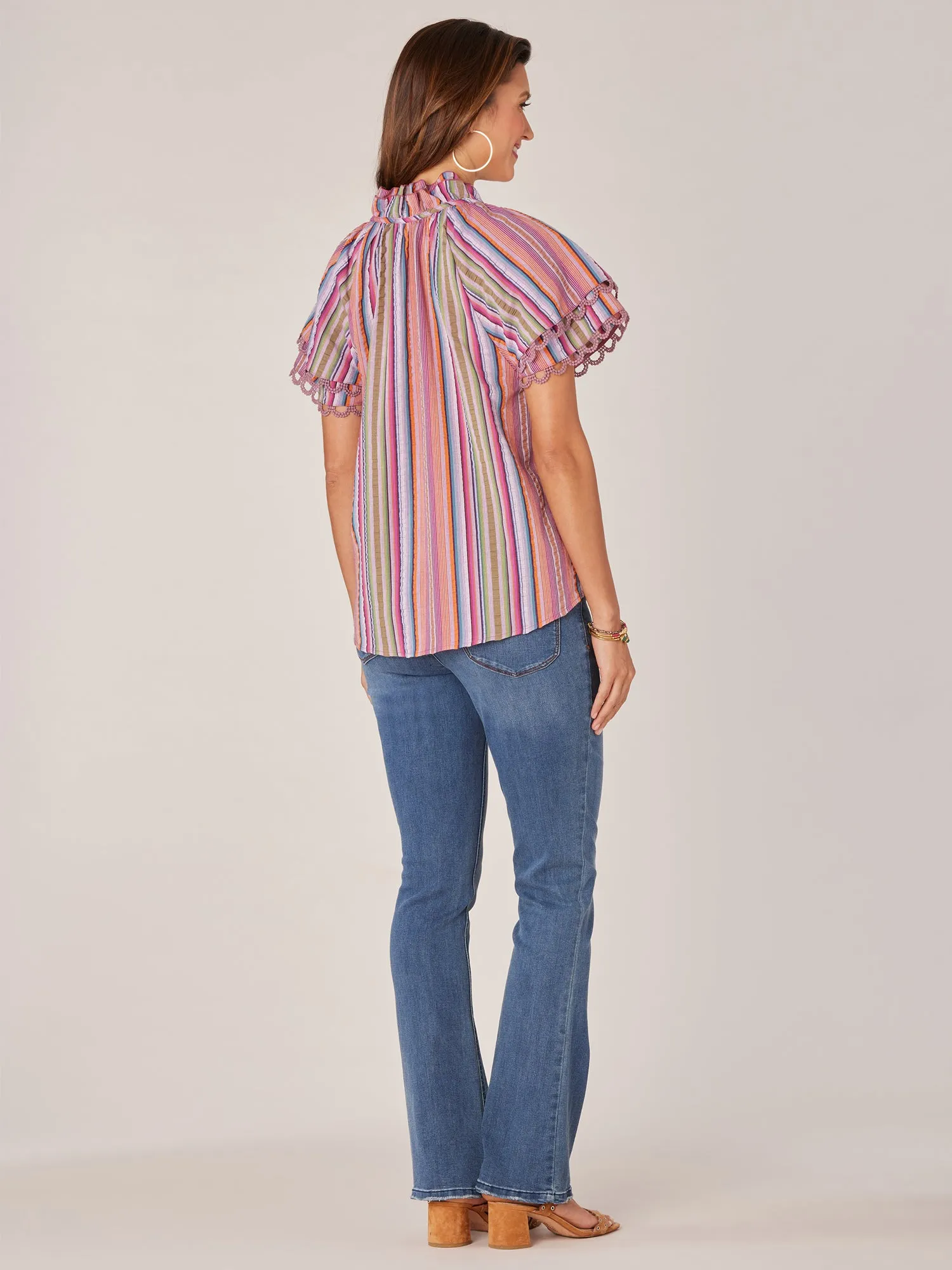 Double Flounce Sleeve Ruffle Edge Neck Stripe Printed Petite Woven Top