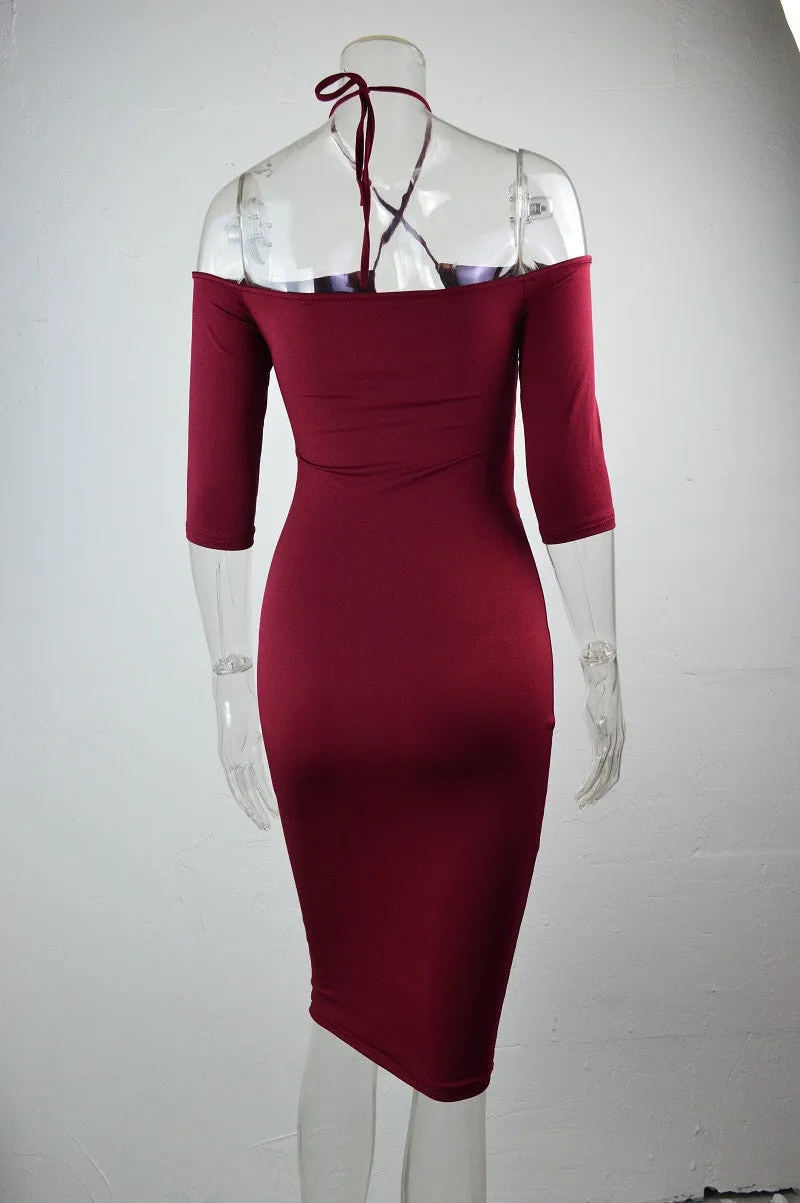 Elastic Solid Color Hollow Out Sexy Halter Bodycon Knee Length Dress