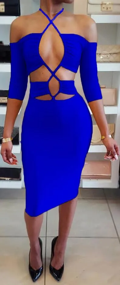 Elastic Solid Color Hollow Out Sexy Halter Bodycon Knee Length Dress